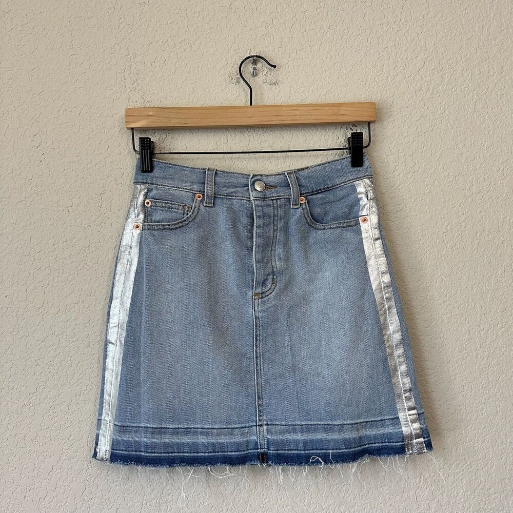 ZADIG & VOLTAIRE Juicy Silver Trim Denim Skirt Button-Fly Raw Hem